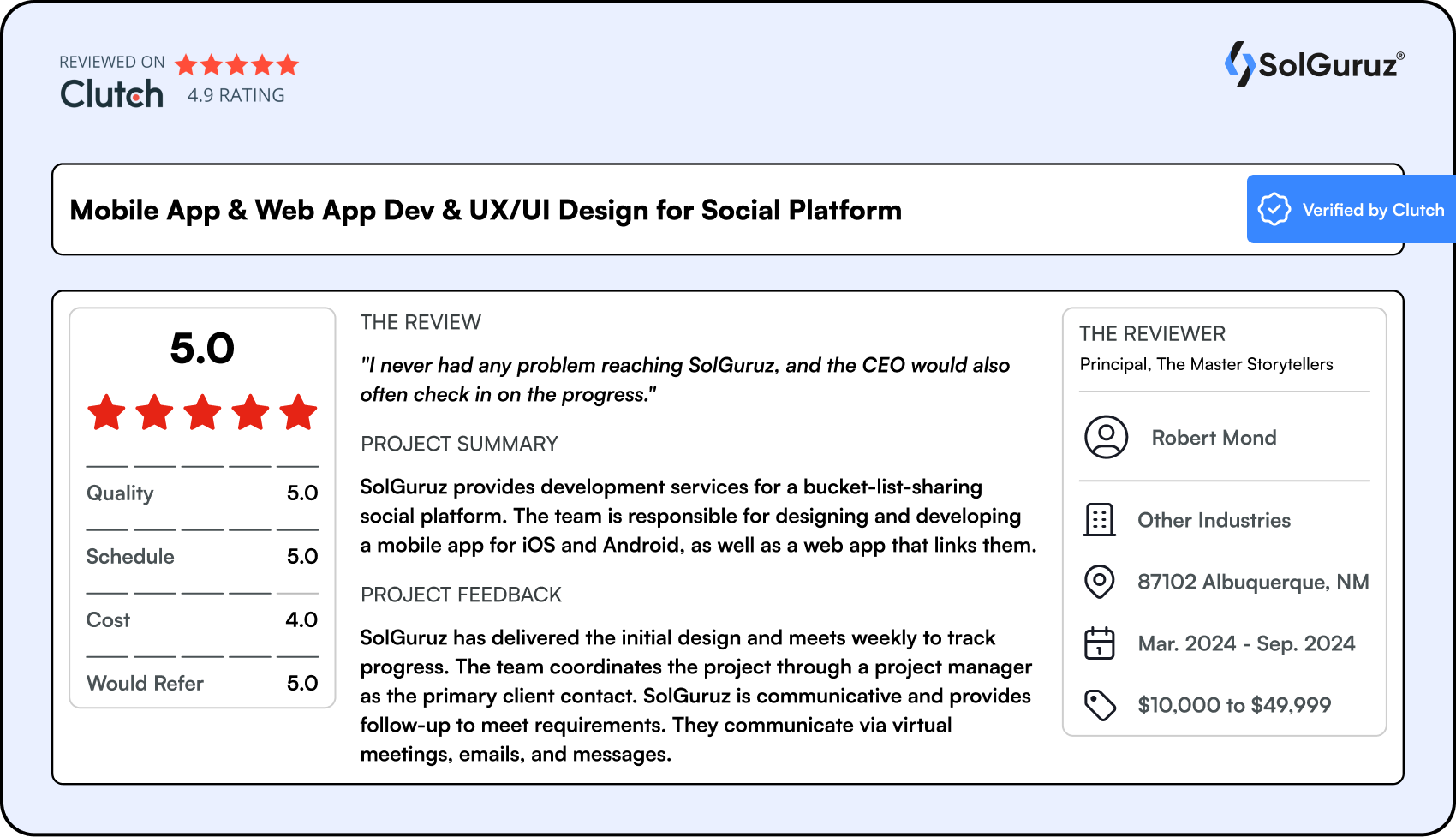 Clutch review screenshot for SolGuruz from Robert Mond, Dream Story client