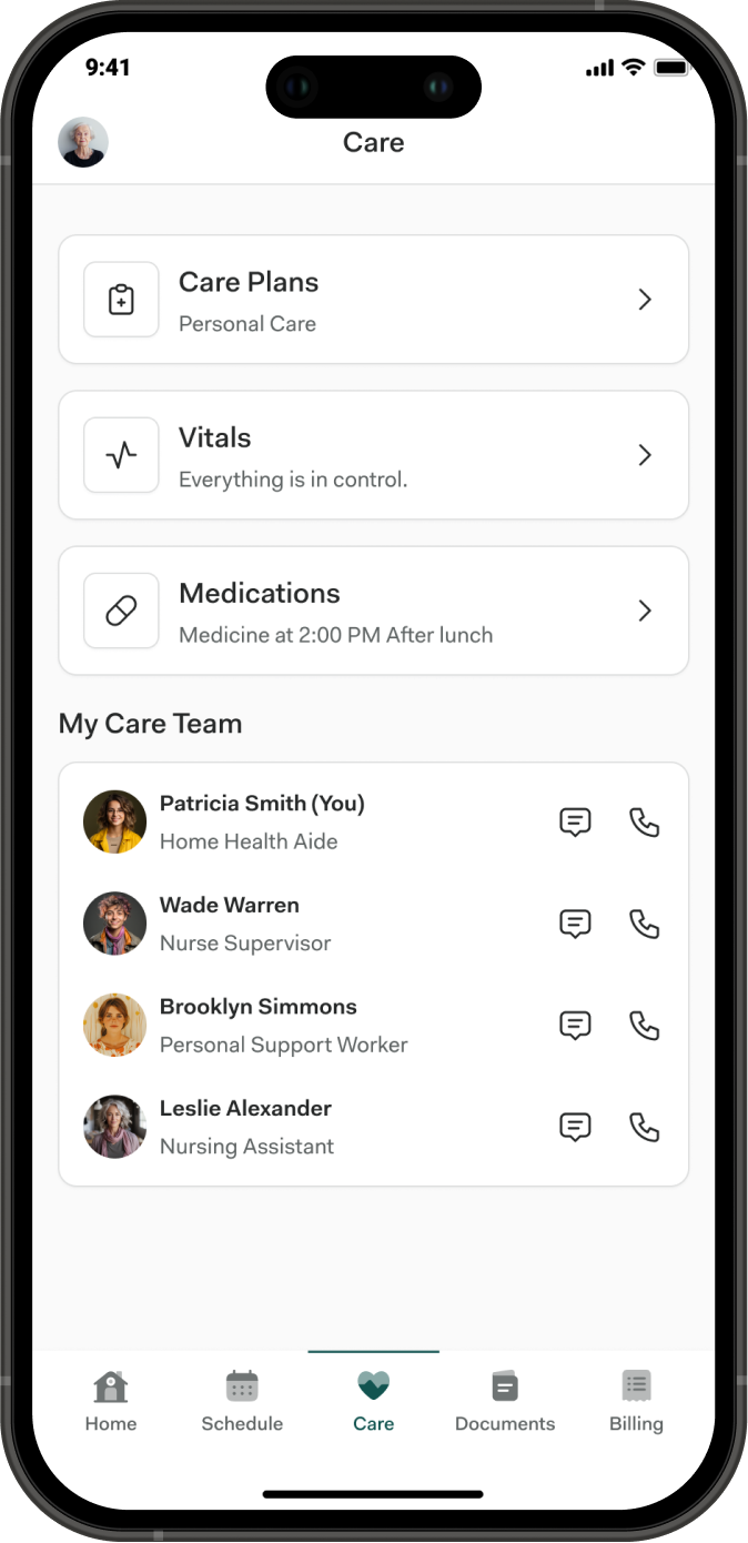Care Activities screen