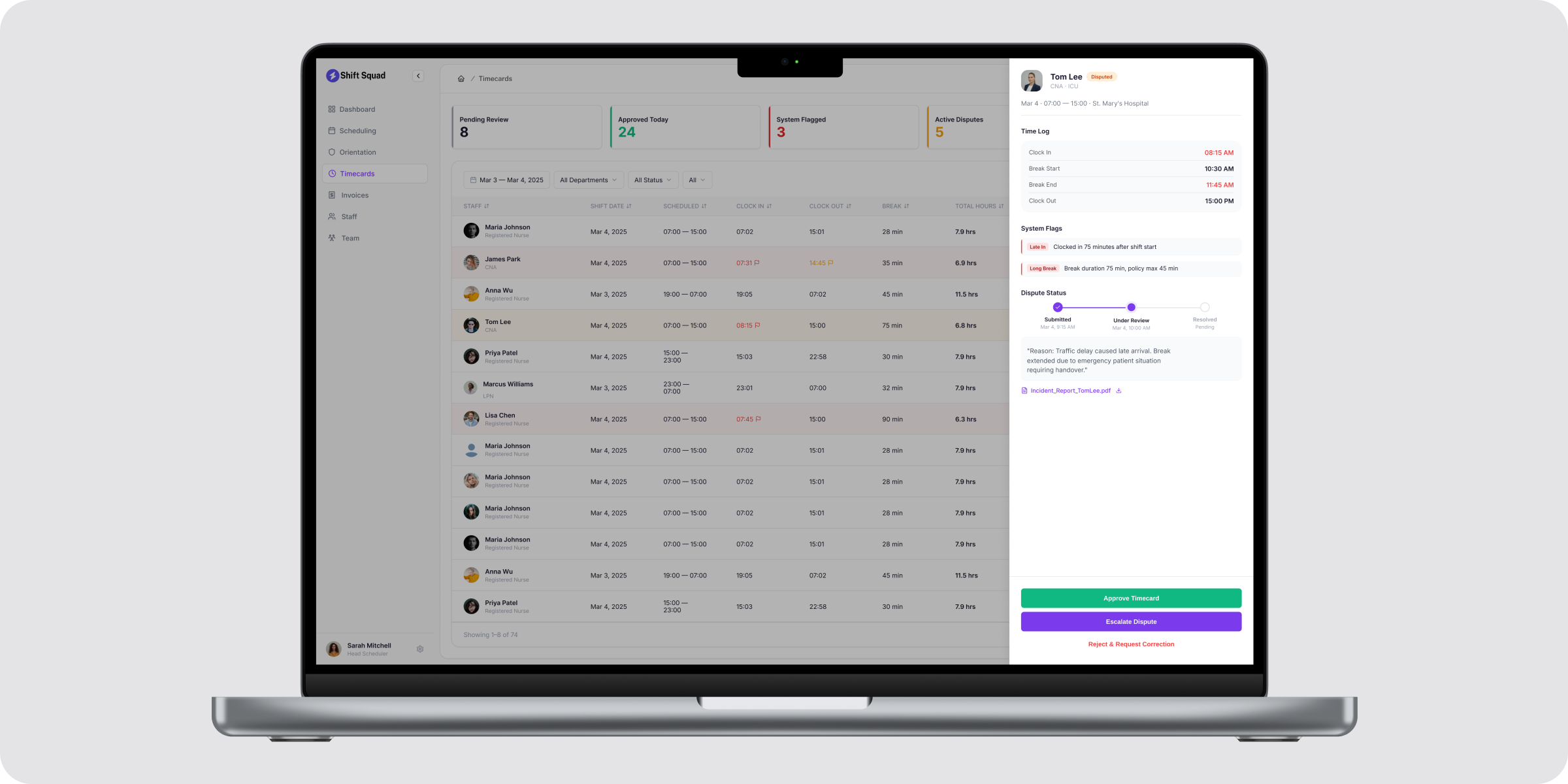 Timecard review and dispute initiation