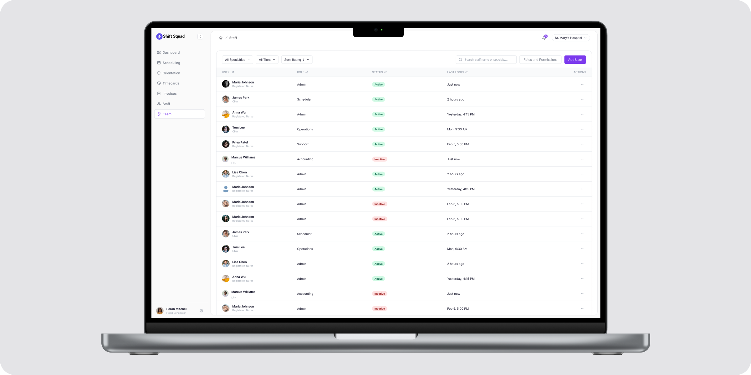 Facility internal staff management