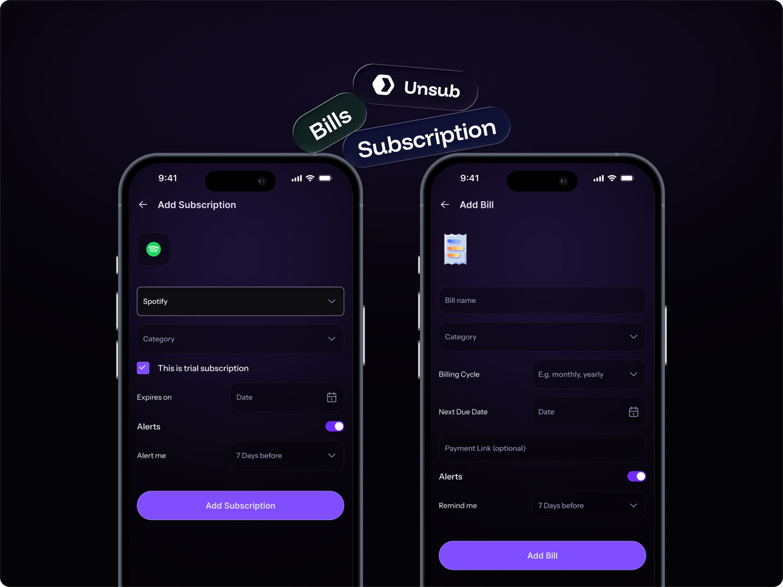 Unsub add subscription and add bill screens
