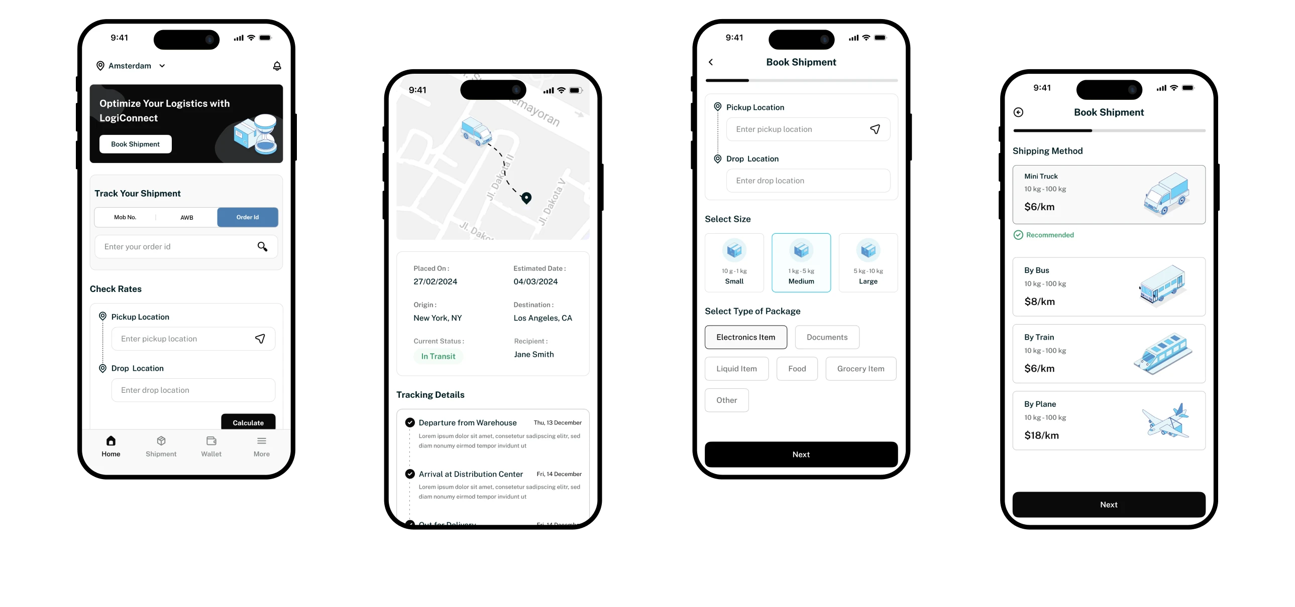 Logistics app screens showing shipment tracking, pickup and drop locations, package size selection and shipping method options